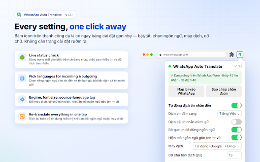 WhatsApp Auto Translate :: Tự động dịch tin nhắn đến trên WhatsApp Web sang ngôn ngữ bạn chọn (mặc định: Tiếng Việt). Alt+T để dịch tin đang soạn.