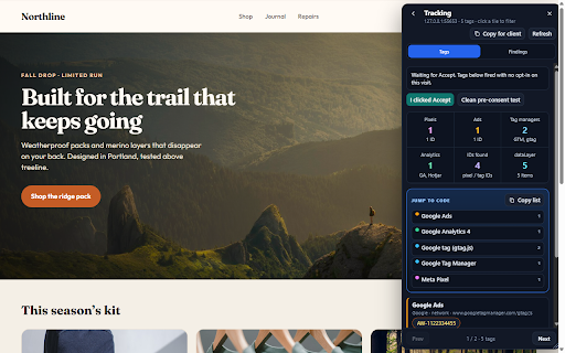 PeekabooQA :: Inspect, measure, color, assets, capture, tracking, debug, SEO, GEO, and export a page for AI agents.
