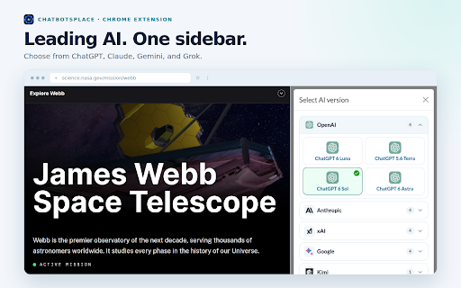 ChatbotsPlace: All-in-One AI Sidebar (ChatGPT, Claude & Gemini) :: Access ChatGPT, Claude, Gemini, and Grok in one sidebar. Chat with multiple top-tier AI models without switching tabs or accounts
