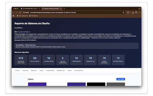 Accessibility Design System :: Audita el sistema de diseño de la pestaña activa y exporta un reporte HTML con colores, tipografía, componentes y tokens.
