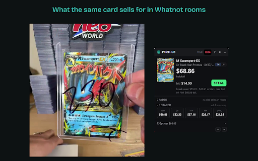 PriceHUD: Live Card Prices for Whatnot :: Free: 100 priced cards a month. Live Pokemon card prices and your max bid on the Whatnot stream, before the timer runs out.