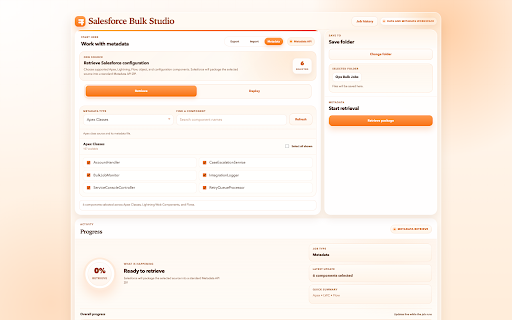 Salesforce Bulk Studio :: Import and export Salesforce data, retrieve or deploy metadata, and manage jobs from one workspace.