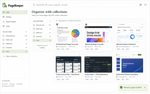 PageKeeper :: One green button, always within reach. Save any page as a bookmark, screenshot, or single-file HTML archive — all stored locally.