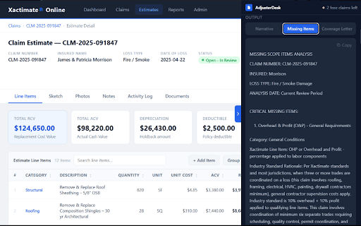 AdjusterDesk – AI Scope Writer :: AI-powered scope narratives, missing-item flags, and coverage letters for desk adjusters.