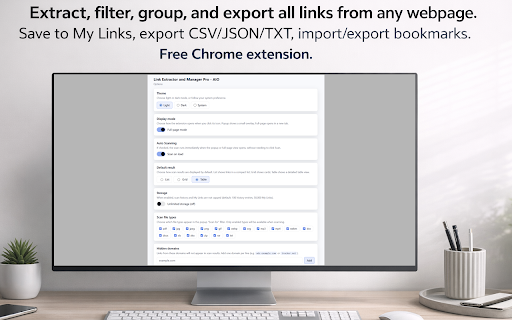 Link Extractor and Manager Pro - AIO :: Extract, filter, group, and export all links from any webpage. Save to My Links, export CSV/JSON/TXT, import/export bookmarks.