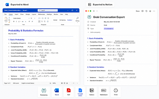 Chat Exporter for Perplexity — Notion, Word, PDF, Docs, Markdown, Print :: Save Perplexity chats to Notion, Word, PDF, Docs, Markdown, or Print in one click. Export full conversations or selected messages.