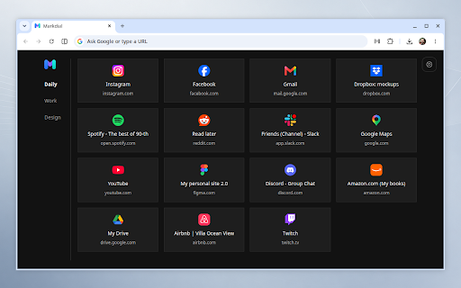 Markdial :: Turn your Chrome bookmarks into a customizable speed dial with tabs, favicons, drag-and-drop, and native sync.