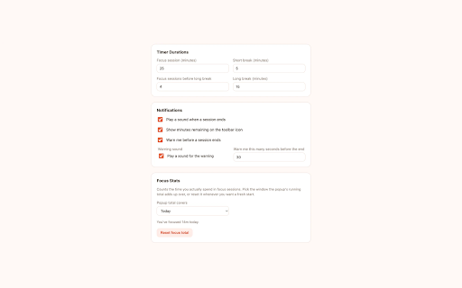 OpenTomato – Pomodoro Focus Timer :: Privacy-first Pomodoro timer: customizable timers, sound alerts, and focus-session site blocking. 100% local, no tracking.