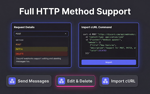 Discord Webhook Tester - Send & Debug Bot Messages Easily :: Test & debug Discord webhook URLs. Send messages, embeds & HTTP requests. Import cURL, inspect responses. Free bot tool.