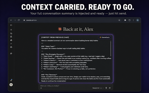 ConvoCarry – Claude Conversation Summary :: Claude forgetting earlier context? Summarize & continue in a fresh chat instantly. Full context, sharper responses. 10 free/day.