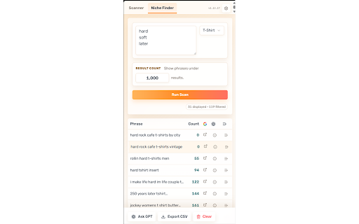 iScaleMerch - Amazon Merch Research :: Research Amazon Merch niches with BSR, dates, ASINs, filters, scans, and exports. Your Amazon research data stays on your device.