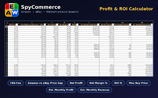 SpyCommerce: Product Hunter & Scraper for Amazon, eBay, Walmart :: Extract product titles, prices, stock, ratings, and sales data from Amazon, eBay, and Walmart to Excel, CSV, or JSON.