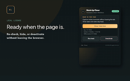 Mark-Up-Timer - Markdown Timestamp Stopwatch :: Capture timestamped review notes on any page and copy a clean Markdown checklist. State stays local.