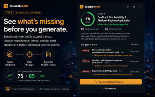 ec2apply Resume Job Matcher & Analyzer :: Free AI resume matcher & analyzer. Match to a job: reads this page's job description and tailors your resume at ec2apply.com.