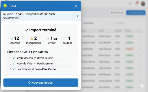 COJA :: COJA — Import auto des paires CSV (Playtomic, Doinsport, LiveExperience) dans MOJA FFT, avec gestion des homonymes.