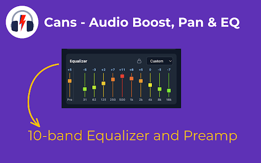 Cans - Audio Booster, Panner & Equalizer :: Volume booster up to 500% with a 10-band equalizer, stereo pan and per-ear EQ. Control the audio on any tab.