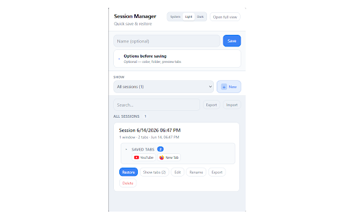 Session Manager :: Save, restore, and organize your browser tab sessions across windows.