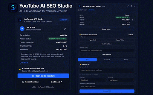 YouTube AI SEO Studio :: Generate titles, descriptions, tags, and thumbnails directly inside YouTube Studio.