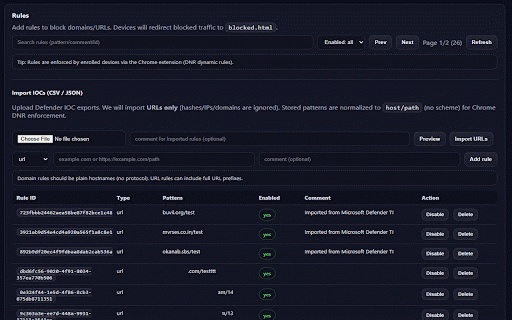 Cybereinforce Threat Enforcement :: Enterprise-controlled URL/domain blocking enforced via Azure backend rules.
