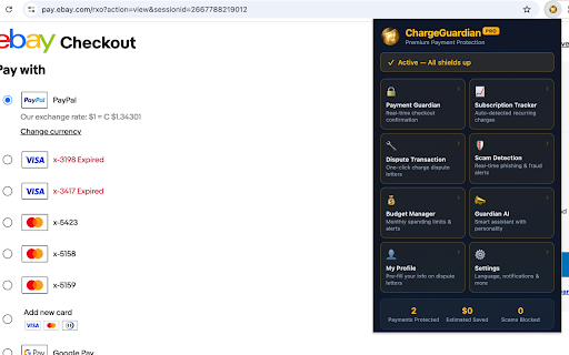 ChargeGuardian Pro :: Premium payment protection — confirms every checkout, detects scams & subscriptions, auto-generates dispute letters.