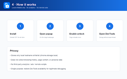 DevTools Unlock Open :: Open-source unlock for sites that block DevTools (e.g. disable-devtool): stop reloads, wipes, and detection.