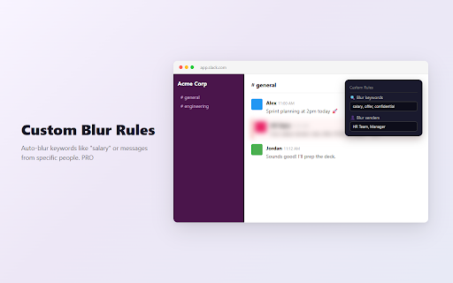 Privacy Blur for Slack — Hide Messages During Screen Sharing :: Hide & blur private Slack DMs, salary chats & names instantly during screen sharing. Hover to peek. No data leaves your device.