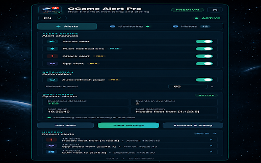 OGame Alert Pro :: Real-time OGame fleet alerts with browser notifications, Premium attack and espionage alarms, monitoring and history.