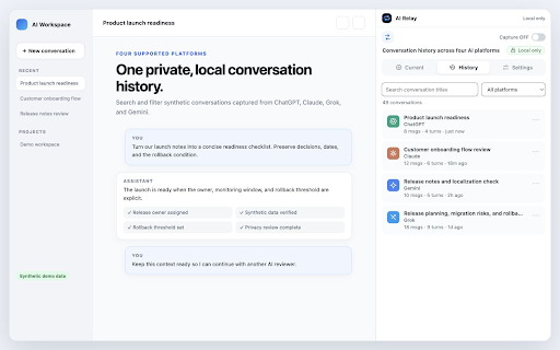 AICarry :: Continue chats across ChatGPT, Claude, Gemini, and Grok with local, previewable relay text.