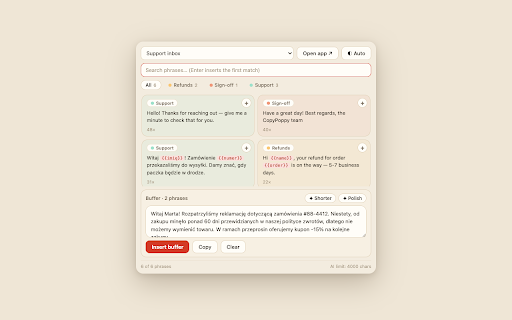 CopyPoppy :: Insert your saved replies and AI-filled templates into any text field. Your phrase library, finished by AI, one click away.