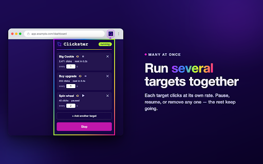 Clickster :: Auto-click any element — or a point on a canvas/game — at a rate you choose, with multiple targets at once.