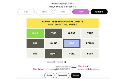 NYT Connections :: Boost your NYT Connections game: highlight hints, tag tiles, and track guess history, including ‘One Away’ misses.