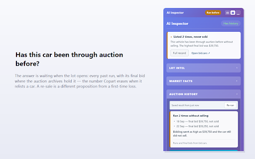Insurance Lots — Car Auction History & AI Inspector :: Copart auction history on the lot page — past runs, final bids, sellers — plus an insurer filter and AI photo inspection.