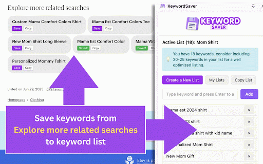 KeywordSaver: Etsy SEO Tool :: Quickly save and organize Etsy SEO keywords into custom lists using buttons inserted across Etsy search and listings.