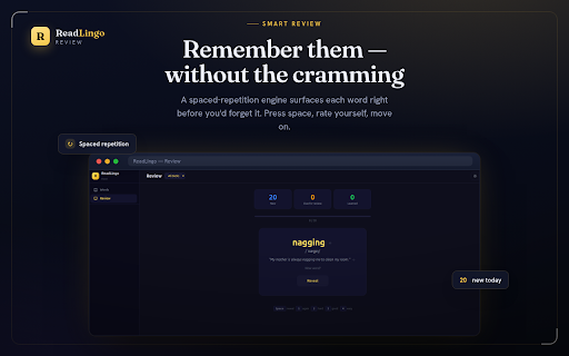 ReadLingo :: Learn languages while you browse. Translate words, generate AI sentences, organize decks, and review with spaced repetition.