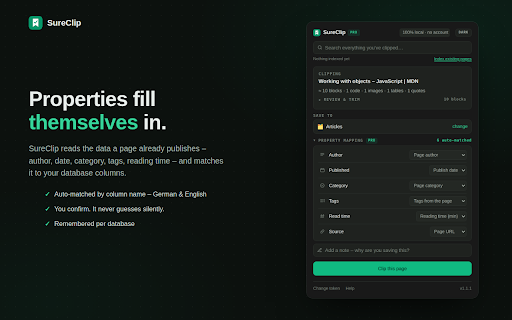 SureClip – Web Clipper for Notion :: Notion web clipper: save any article to Notion as real blocks, or copy it as Markdown. Pick the sections you want. No account.