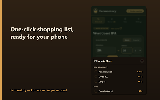 Fermentory — Homebrew Recipe Scaler :: Spot homebrewing recipes on any page — save, scale, and build shopping lists in seconds.