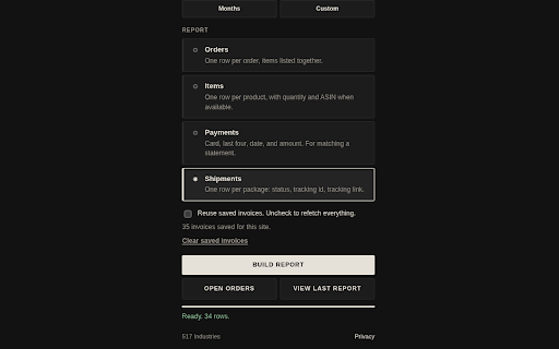 Amazon Order History Exporter :: Export your Amazon order history to CSV or JSON. Orders, items, payments, and shipments. Local only.