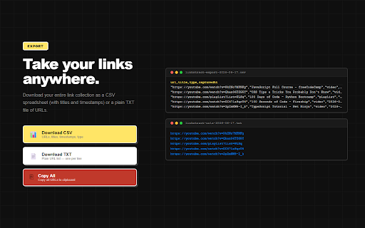 LinkXtract — YouTube Link & Playlist Extractor :: Capture YouTube links while browsing. Save videos, Shorts, playlists & channels. Bulk-extract playlist videos. Export as CSV or TXT.