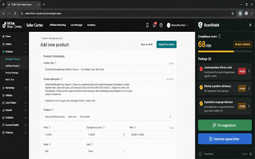 ScanShield™ – TikTok Shop Compliance Scanner :: Real-time compliance scanning for TikTok Shop listings. Catches policy violations before they become suspensions.