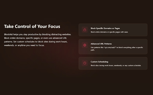 BlockAid: Website Blocker :: Block distracting websites and boost your productivity. Add domains and block current pages all in one easy-to-use Chrome extension.