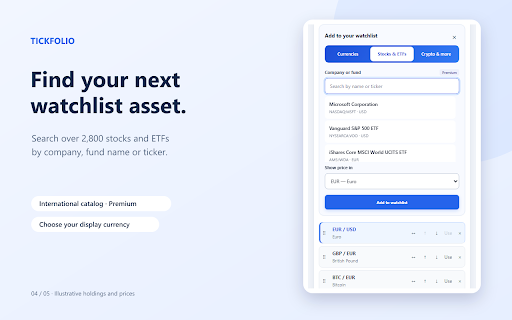Tickfolio — Forex, Markets & Portfolio :: Track currencies, stocks, ETFs, crypto and commodities. Watch markets, manage your portfolio and follow your goals.