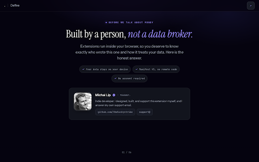 Define — Double-Click Dictionary & Vocab Builder :: Double-click any word for an instant definition, IPA and example. Save words and study them. 100% private.