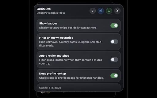 GeoMute for X :: Local-first country signal badges and feed filters for X/Twitter.
