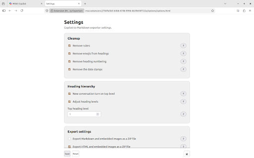 MS Copilot → Pretty Exporter :: Clears Copilot chats of unnecessary elements and exports them to HTML, Markdown, and PDF.