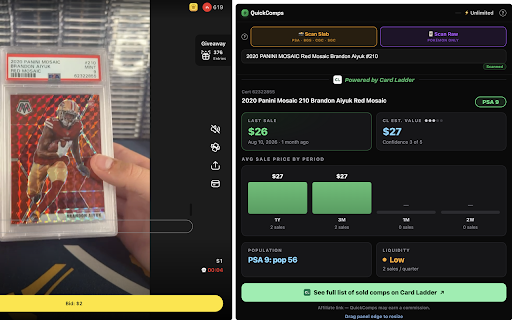QuickComps — Live Card Comps on Streams, Powered by Card Ladder :: Scan slabs and raw cards during live Whatnot auctions for instant sold comps. Slab data powered by Card Ladder.