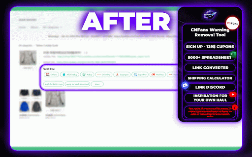 CNfans Warm Reminder Remover by RepGalaxy :: Plugin To Remove Warm Risk Reminder Popup + Yupoo Quick Buy On All Agents. CloneSoles Extension
