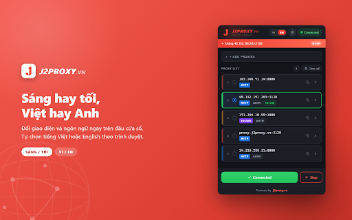 J2Proxy.vn - Proxy Switcher & Manager :: Đổi proxy 1 chạm: quản lý danh sách proxy HTTP & SOCKS5 có user/pass, bật tắt nhanh. Proxy switcher cho Chrome.