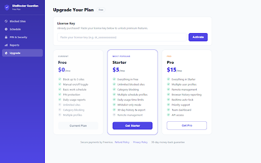 SiteBlocker Guardian :: Block distracting websites. Pomodoro focus mode, category blocking, strict mode, whitelist-only, schedules and PIN. Privacy-first.
