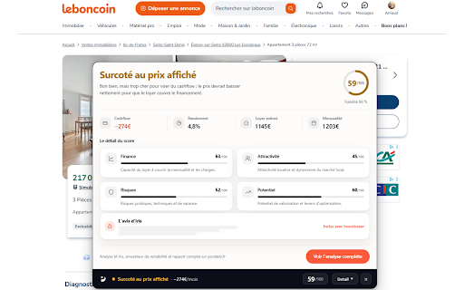 Pondelo :: Score, cashflow et verdict sur une annonce immobilière, et l'écart au prix médian de la commune dès vos résultats de recherche.