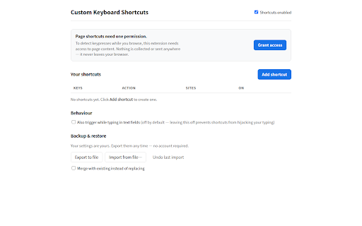 Custom Keyboard Shortcuts — Hotkeys for Chrome :: Create custom keyboard shortcuts and hotkeys for any action. Per-site rules, full export/import, no account, no tracking.
